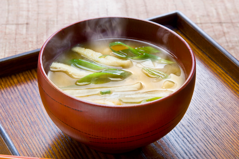 Hot miso soup on a tray