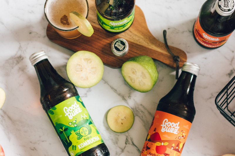 BLOG non dairy probiotics 6 Good Buzz Kombucha bottles with feijoas