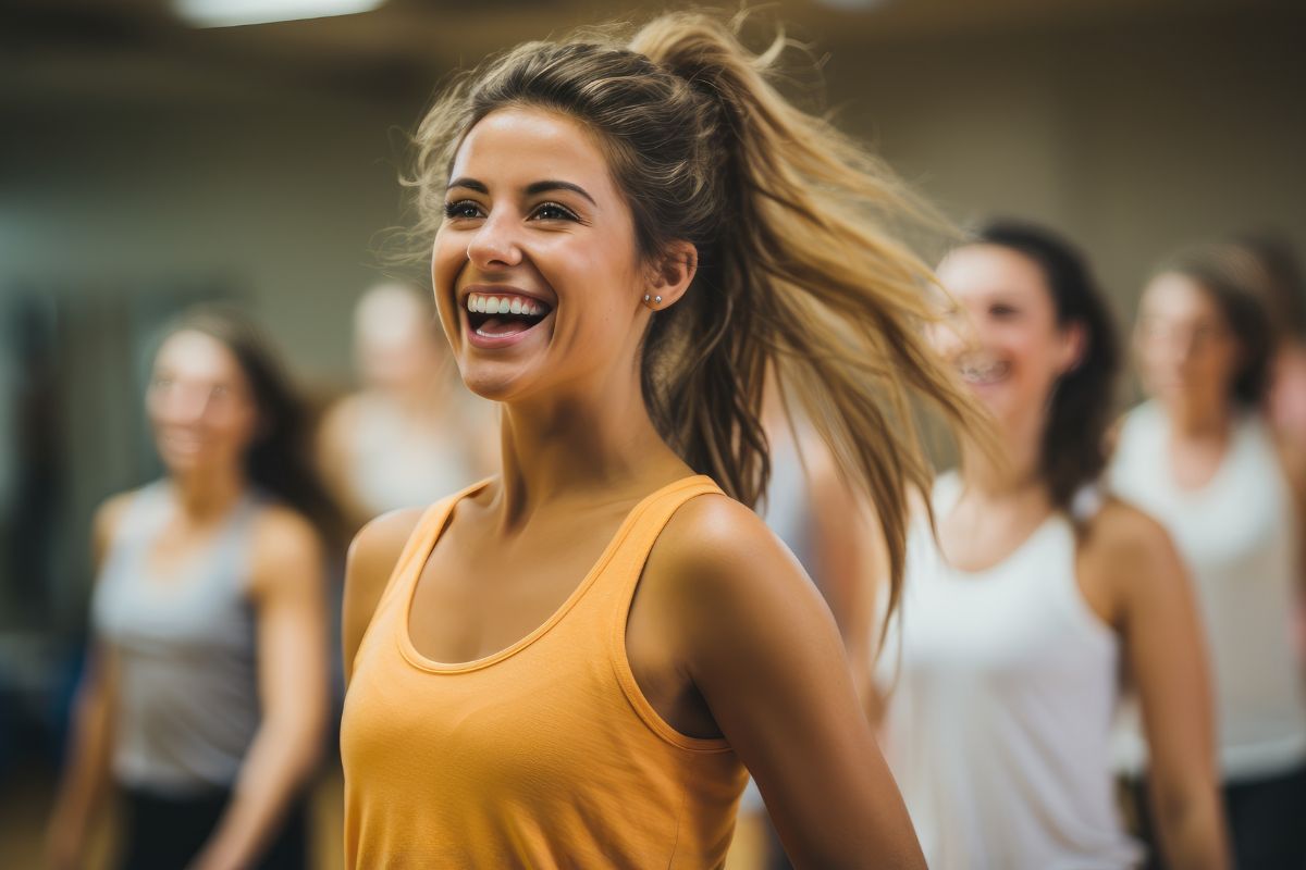 A happy female smiling during a workout fitness class